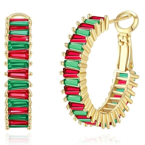 14K Yellow Gold with Ruby and Emerald Cubic Zirconia Hoop Leverback Earrings - Picture 1 of 6